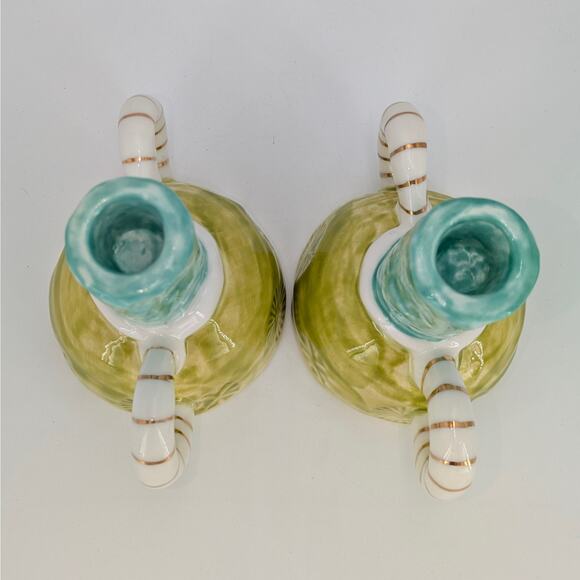 Artisan Stoneware Taper Candle Holders Dual Handles Whimsical Teal Lime Gold Set - Picture 8 of 12